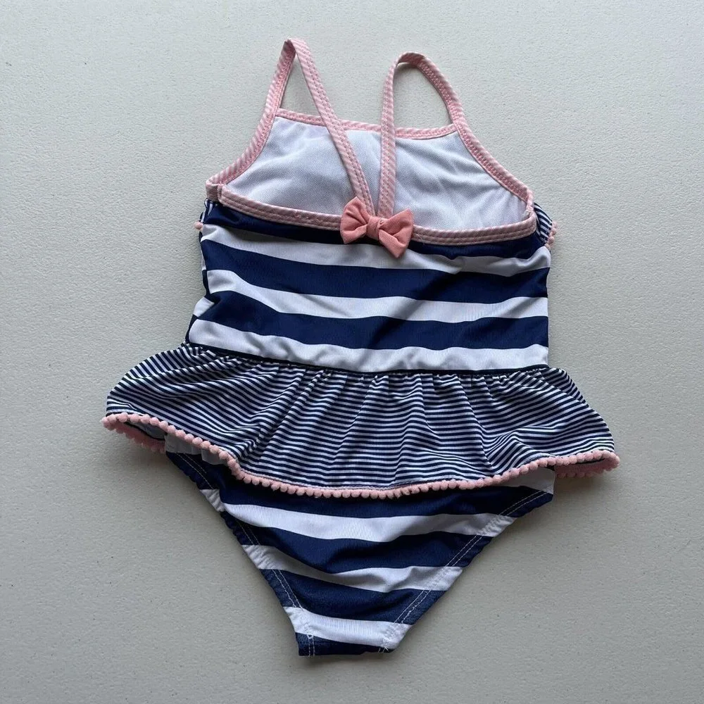 Penelope Mack Girls Size 6 Striped One Piece Swimsuit White Pink Blue - Picture 3 of 5